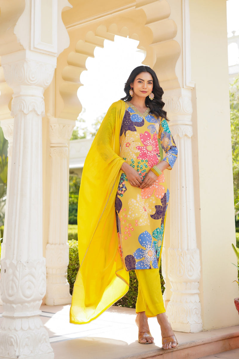 Yellow Cotton Blend Floral Printed Straight Trouser Suit Set - Yellow