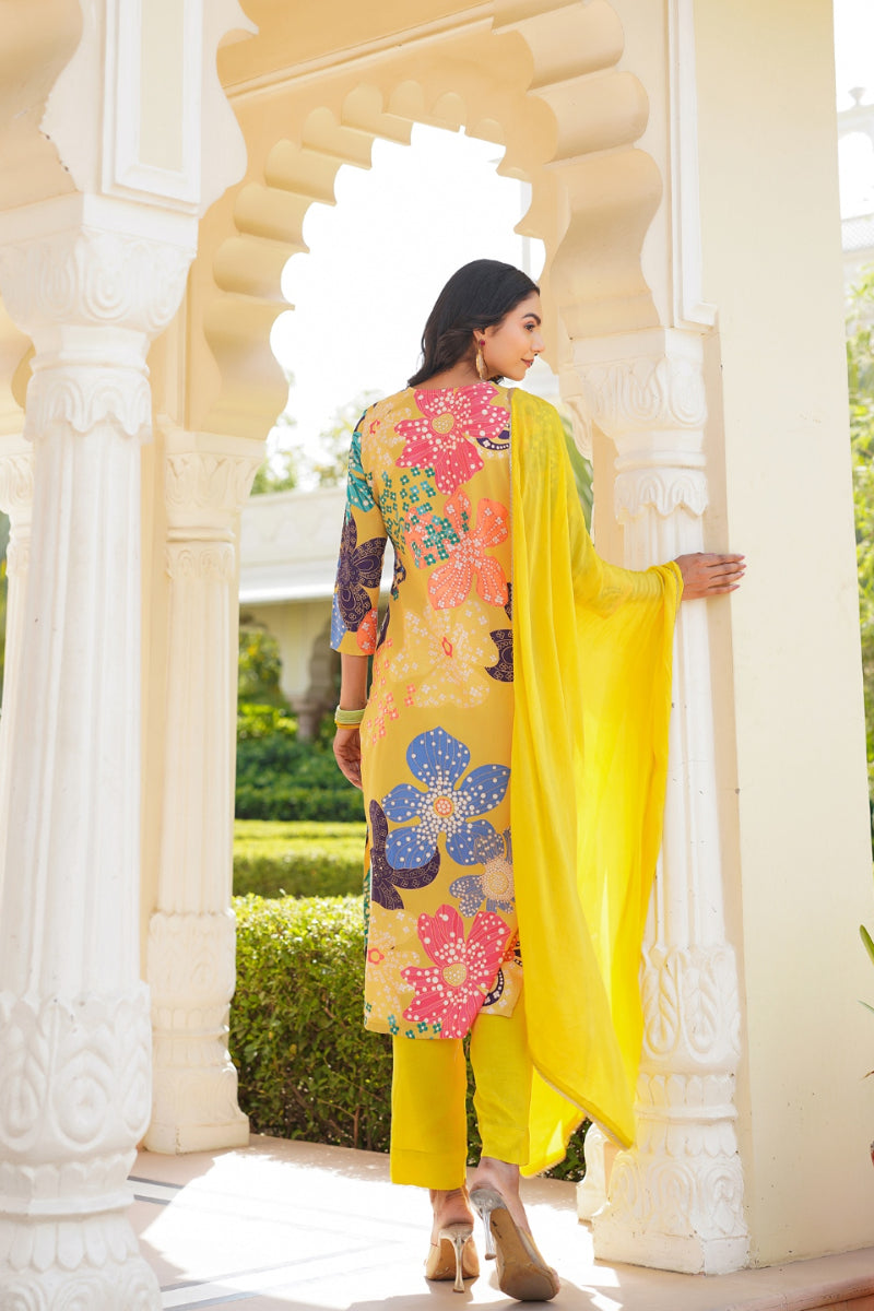 Yellow Cotton Blend Floral Printed Straight Trouser Suit Set - Yellow