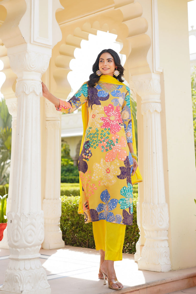 Yellow Cotton Blend Floral Printed Straight Trouser Suit Set - Yellow