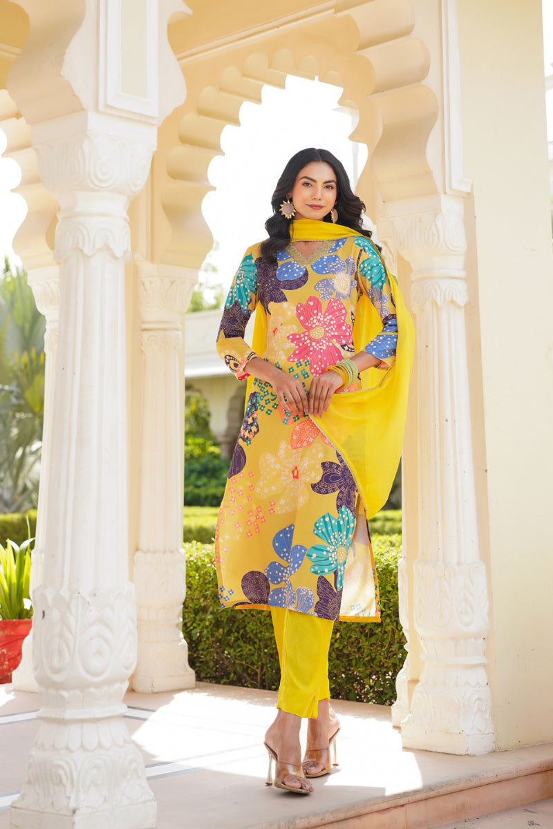 Yellow Cotton Blend Floral Printed Straight Trouser Suit Set - Yellow