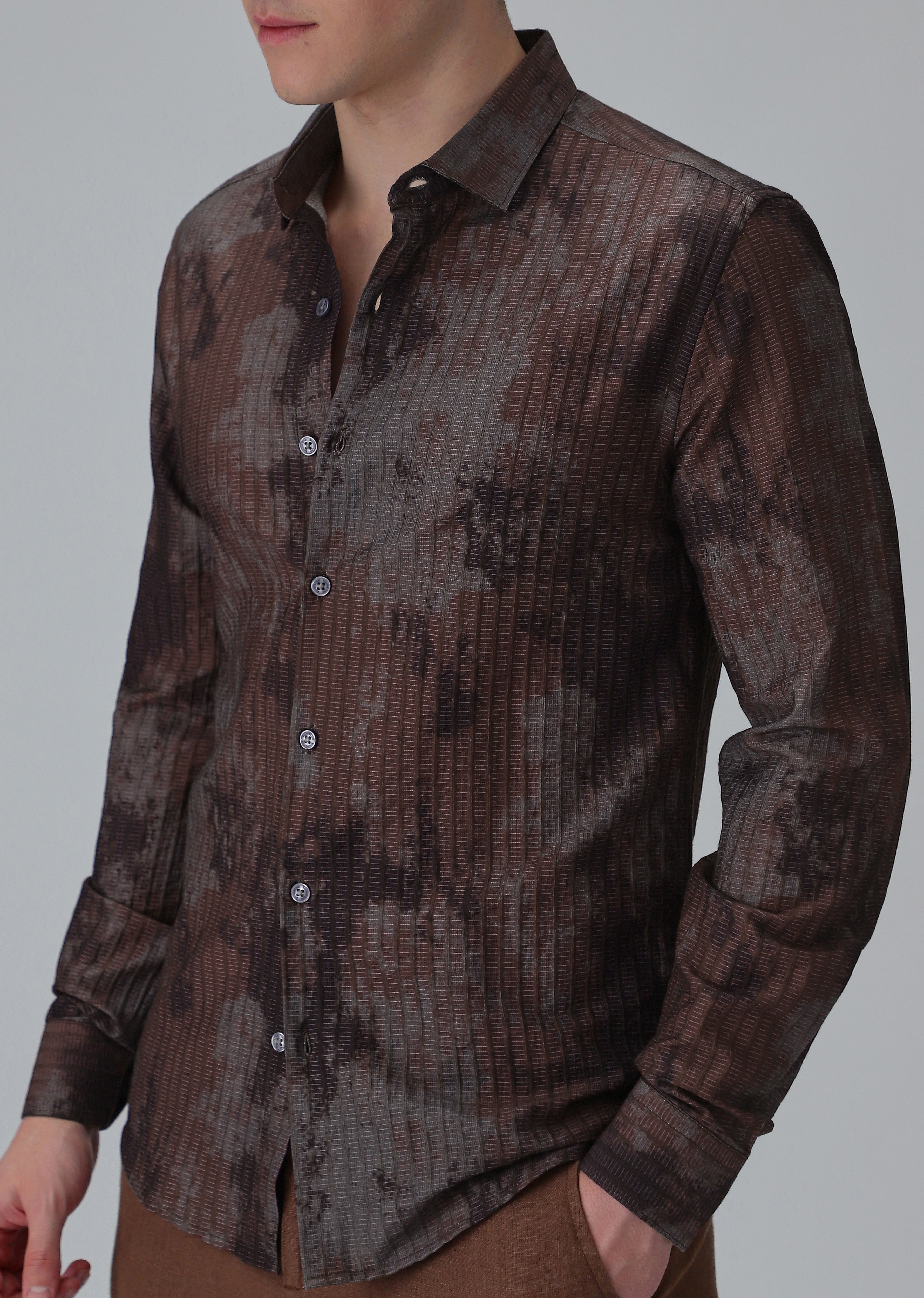 Paralleled Line Brown Printed Shirt