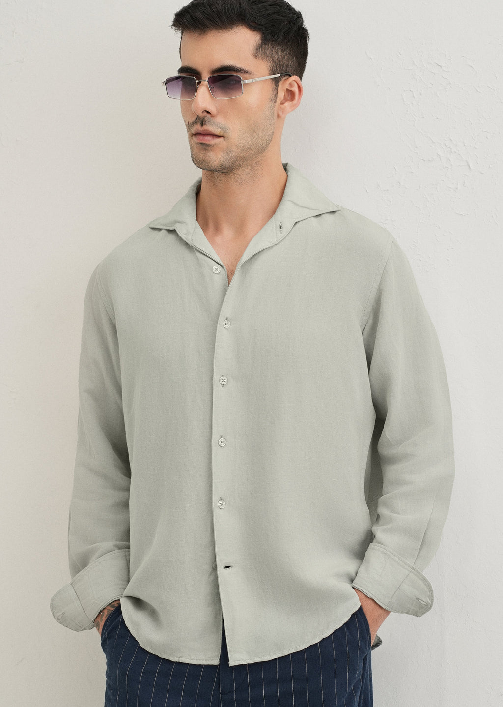 Pastel Grey Plain Linen Viscose Shirt