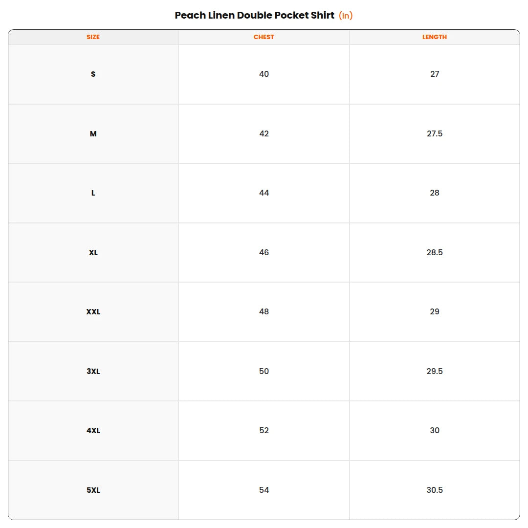 Size chart - Peach Linen Double Pocket Shirt