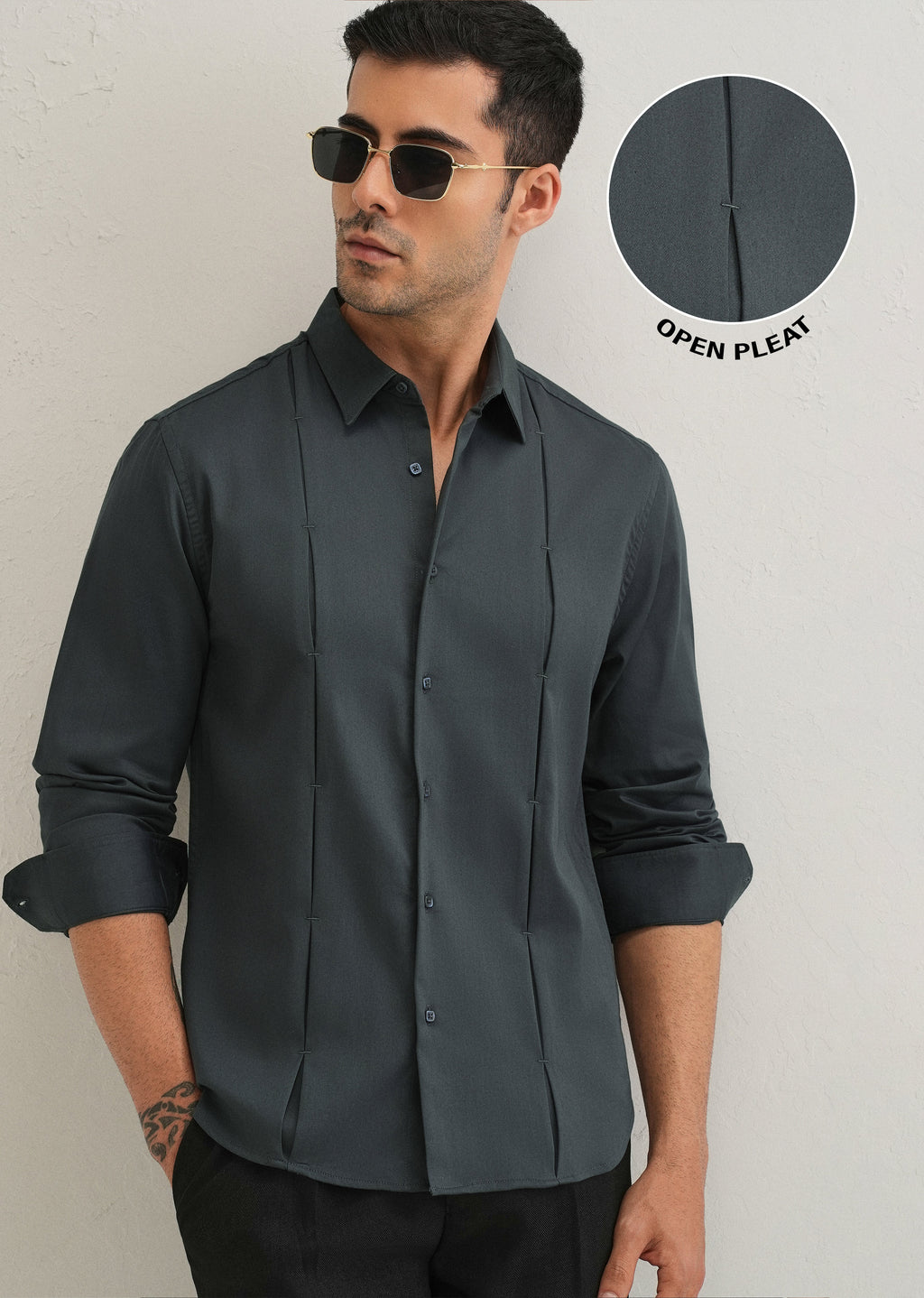Pebble Grey Front Panel Open Pleat Shirt