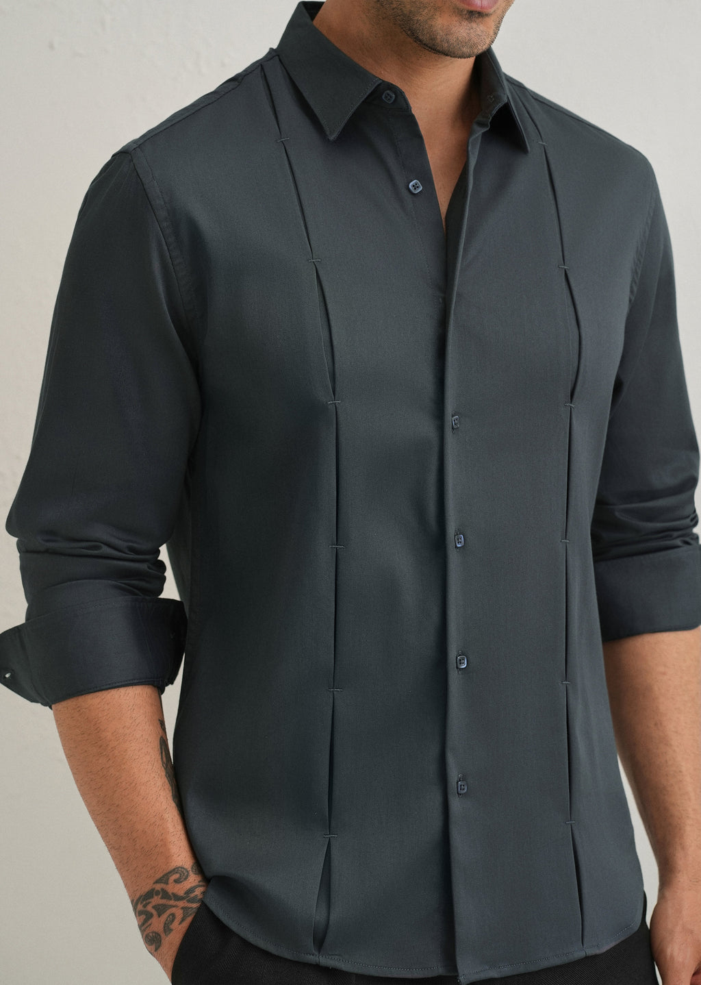 Pebble Grey Front Panel Open Pleat Shirt