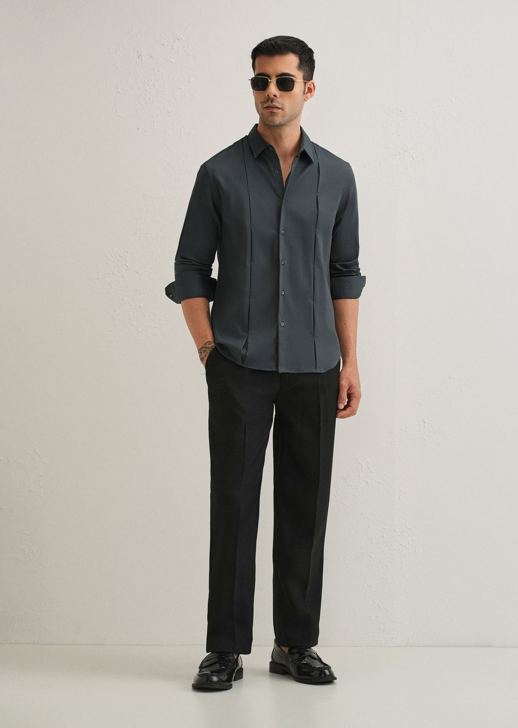 Pebble Grey Front Panel Open Pleat Shirt