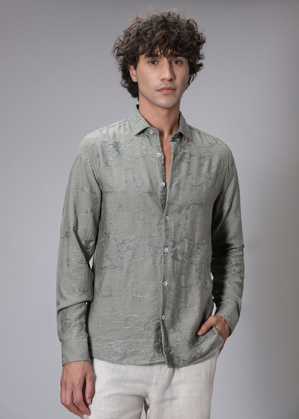Pewter Green Floral Embroidery Shirt