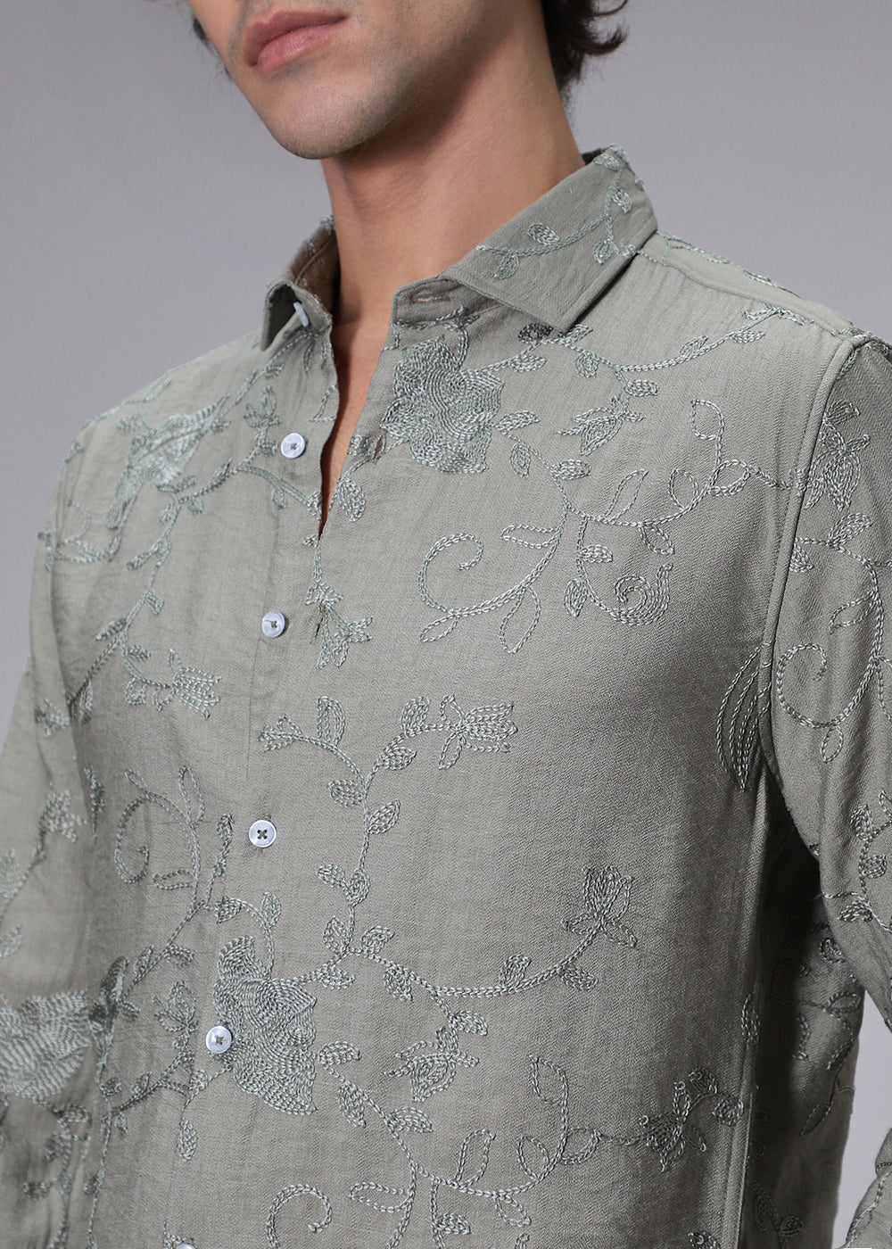 Pewter Green Floral Embroidery Shirt