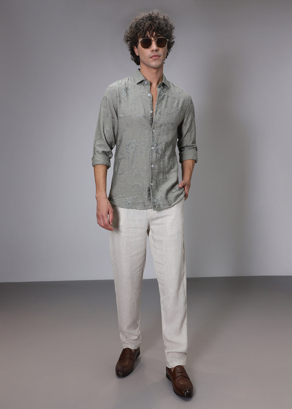 Pewter Green Floral Embroidery Shirt