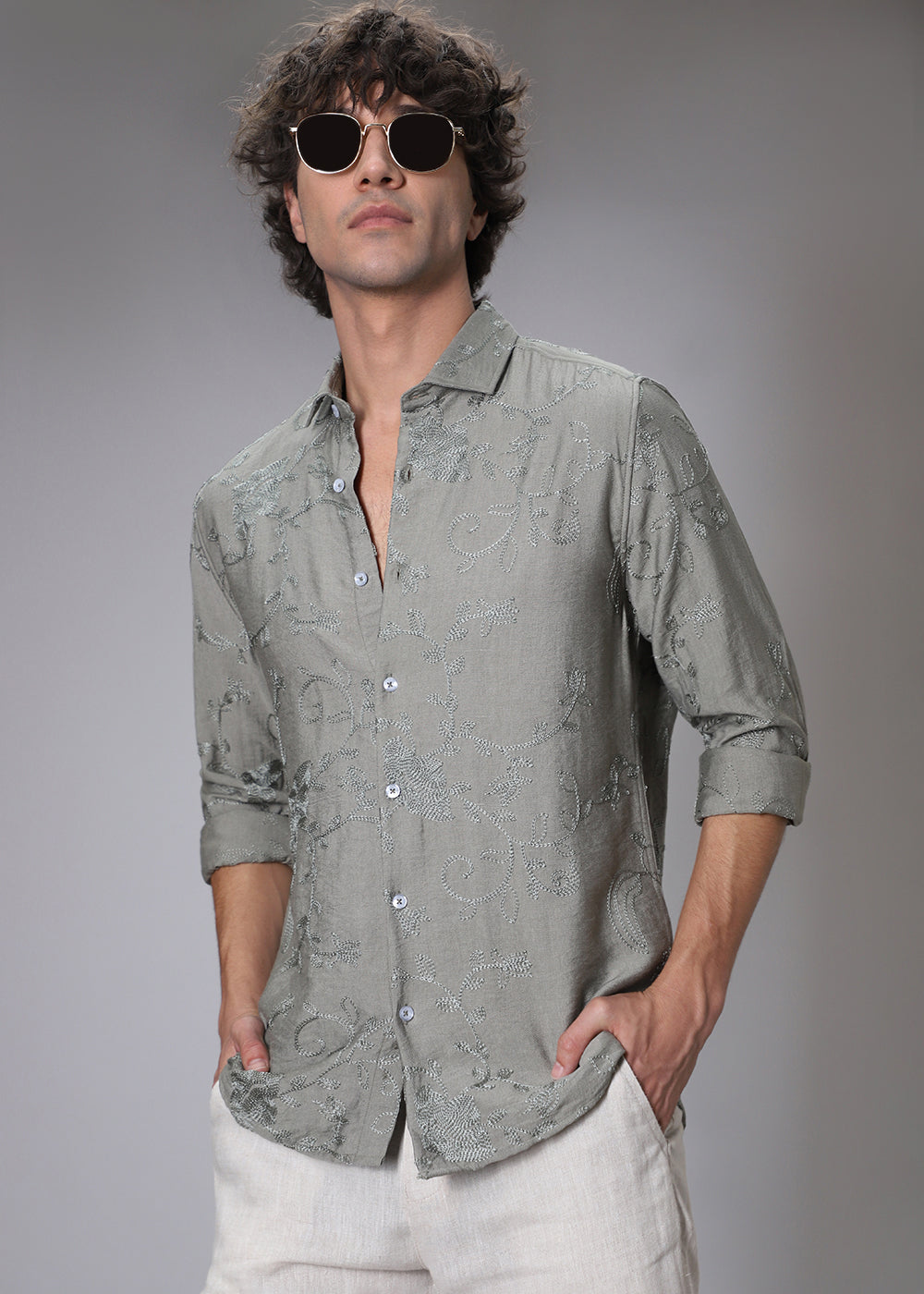 Pewter Green Floral Embroidery Shirt