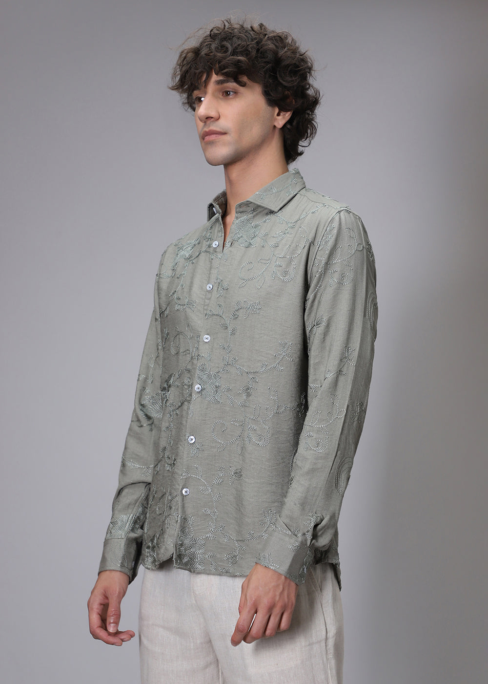 Pewter Green Floral Embroidery Shirt