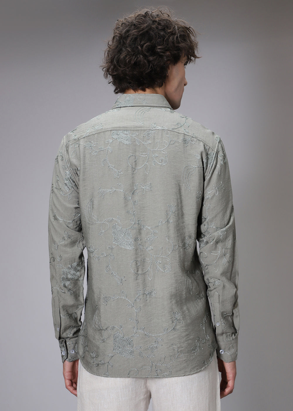 Pewter Green Floral Embroidery Shirt
