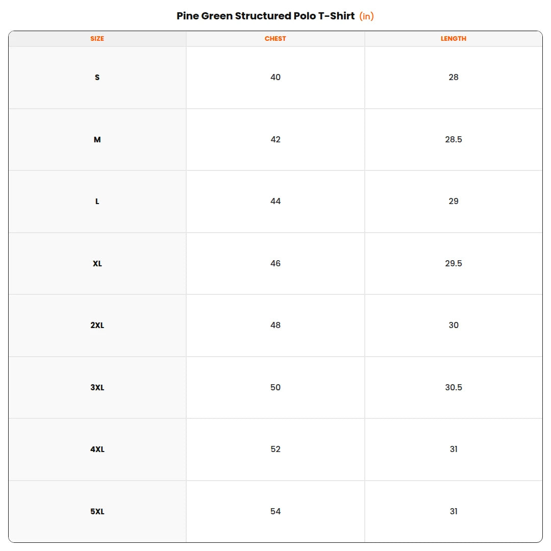 Size chart - Pine Green Structured Polo T-Shirt