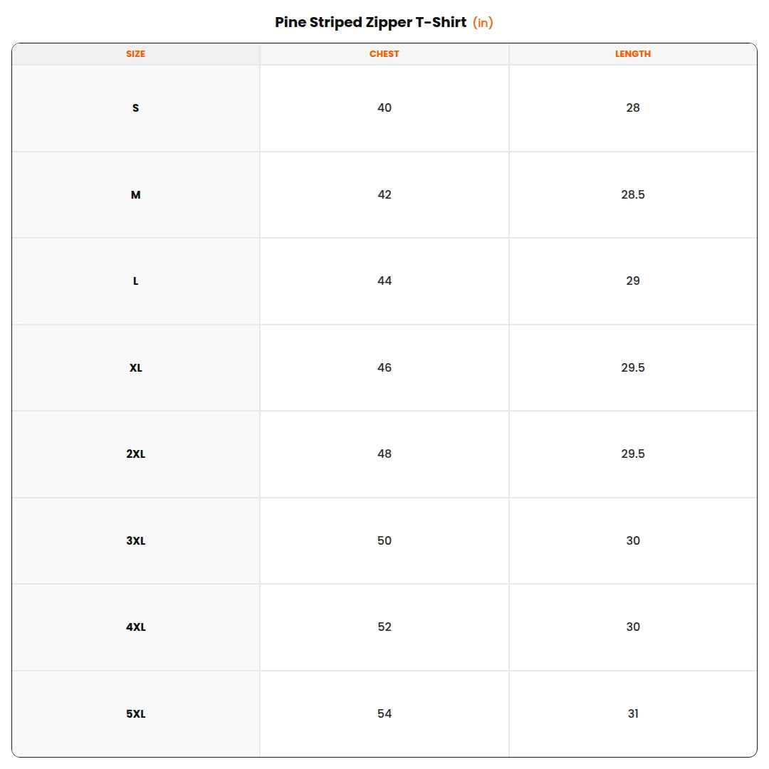 Size chart - Pine Striped Zipper T-Shirt