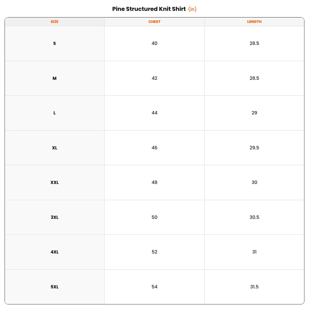 Size chart - Pine Structured Knit Shirt
