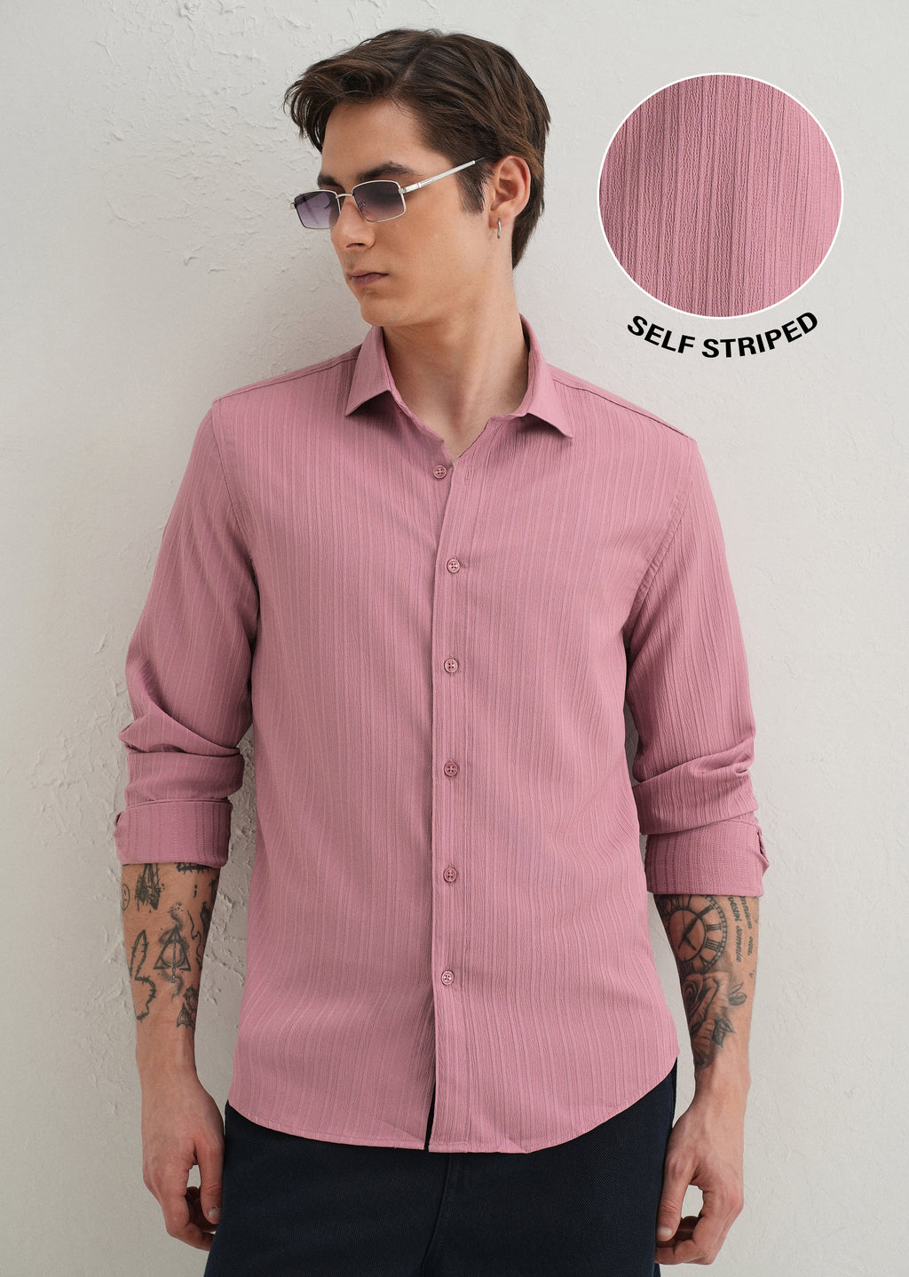Pink Plain Self Striped Shirt