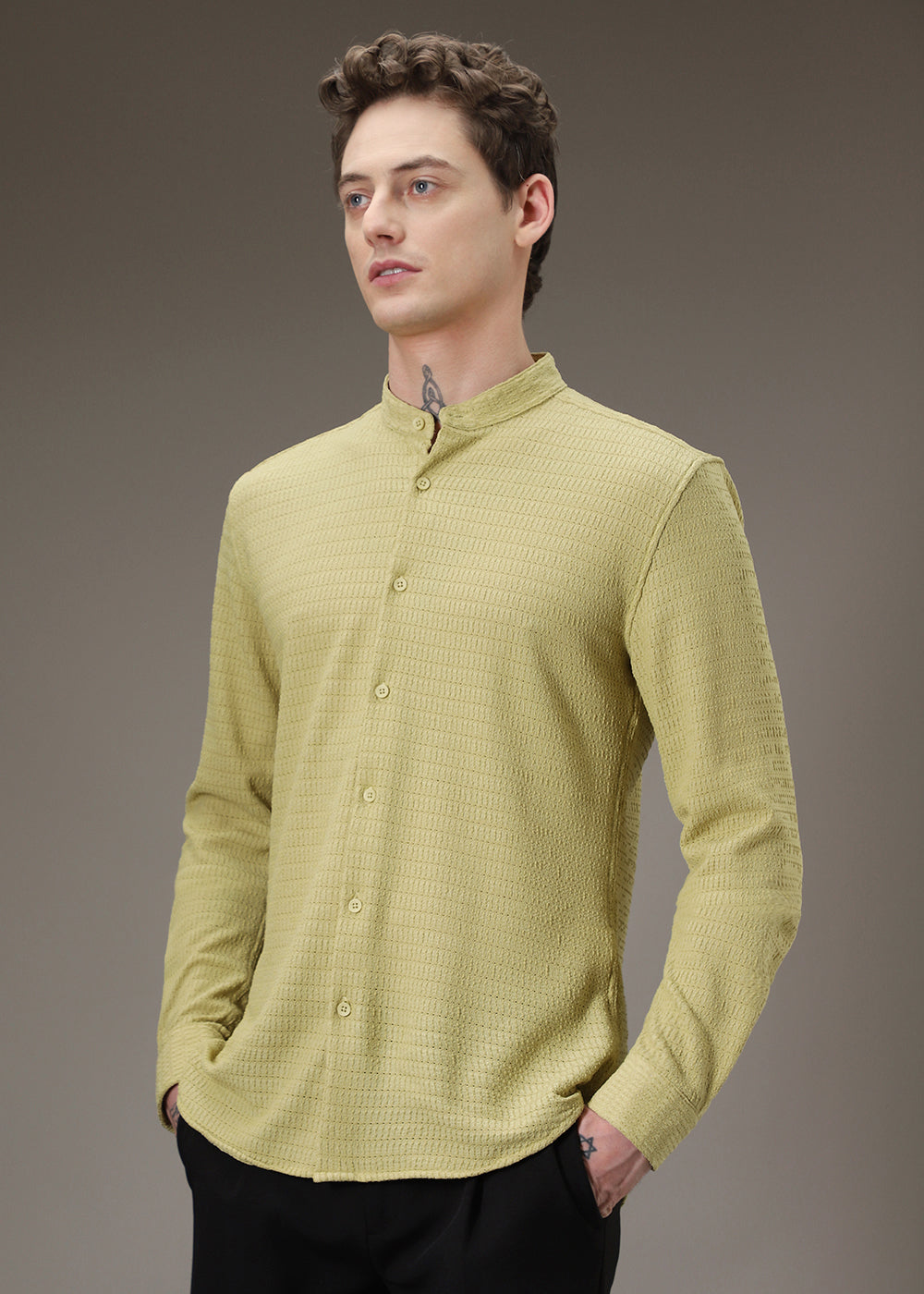Pistachio Green Plain Knitted Crochet Shirt