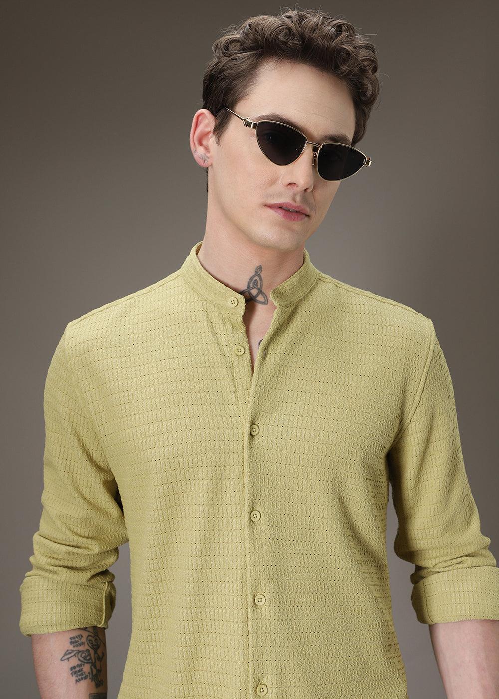 Pistachio Green Plain Knitted Crochet Shirt