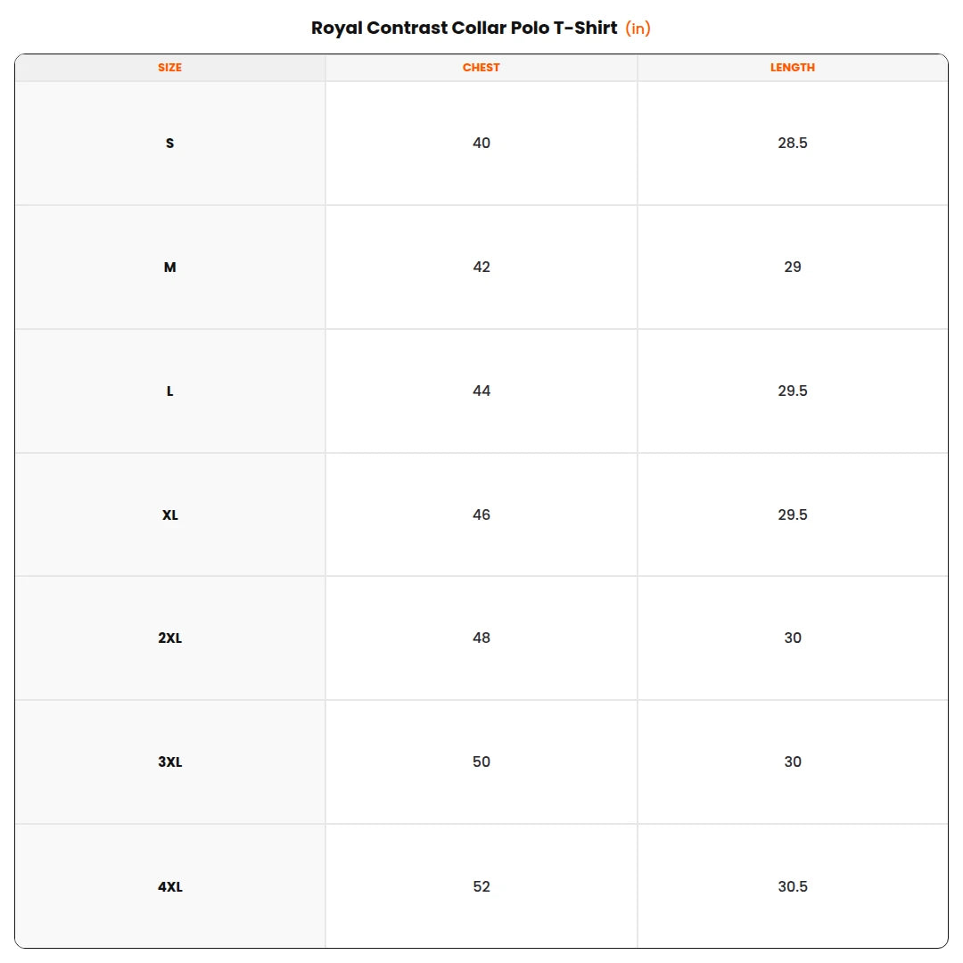 Size chart - Royal Contrast Collar Polo T-Shirt
