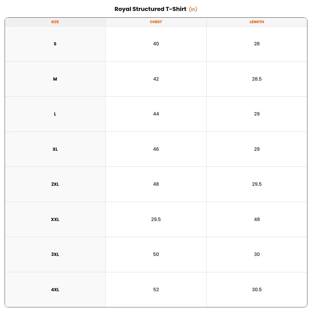 Size chart - Royal Structured T-Shirt