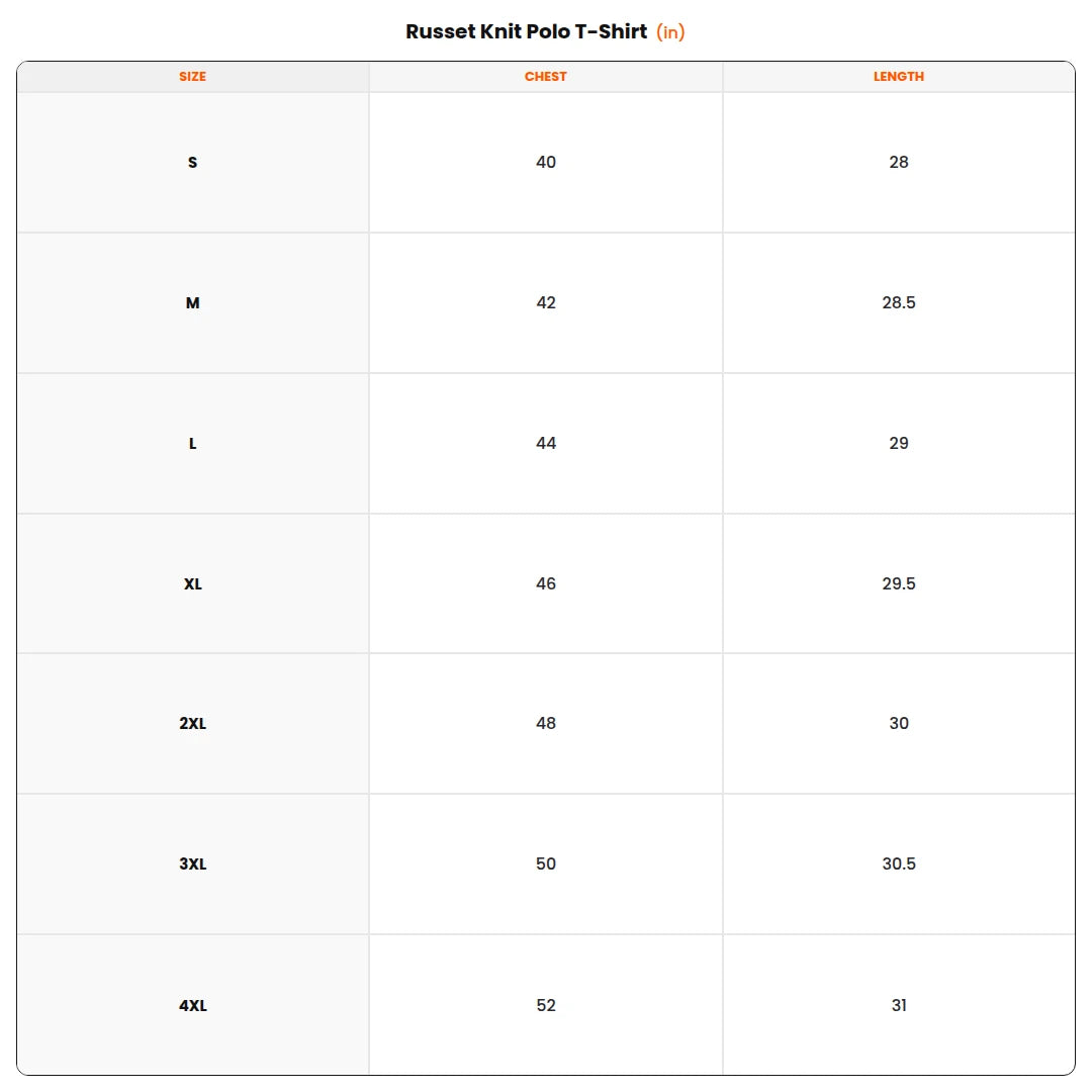 Size chart - Russet Knit Polo T-Shirt