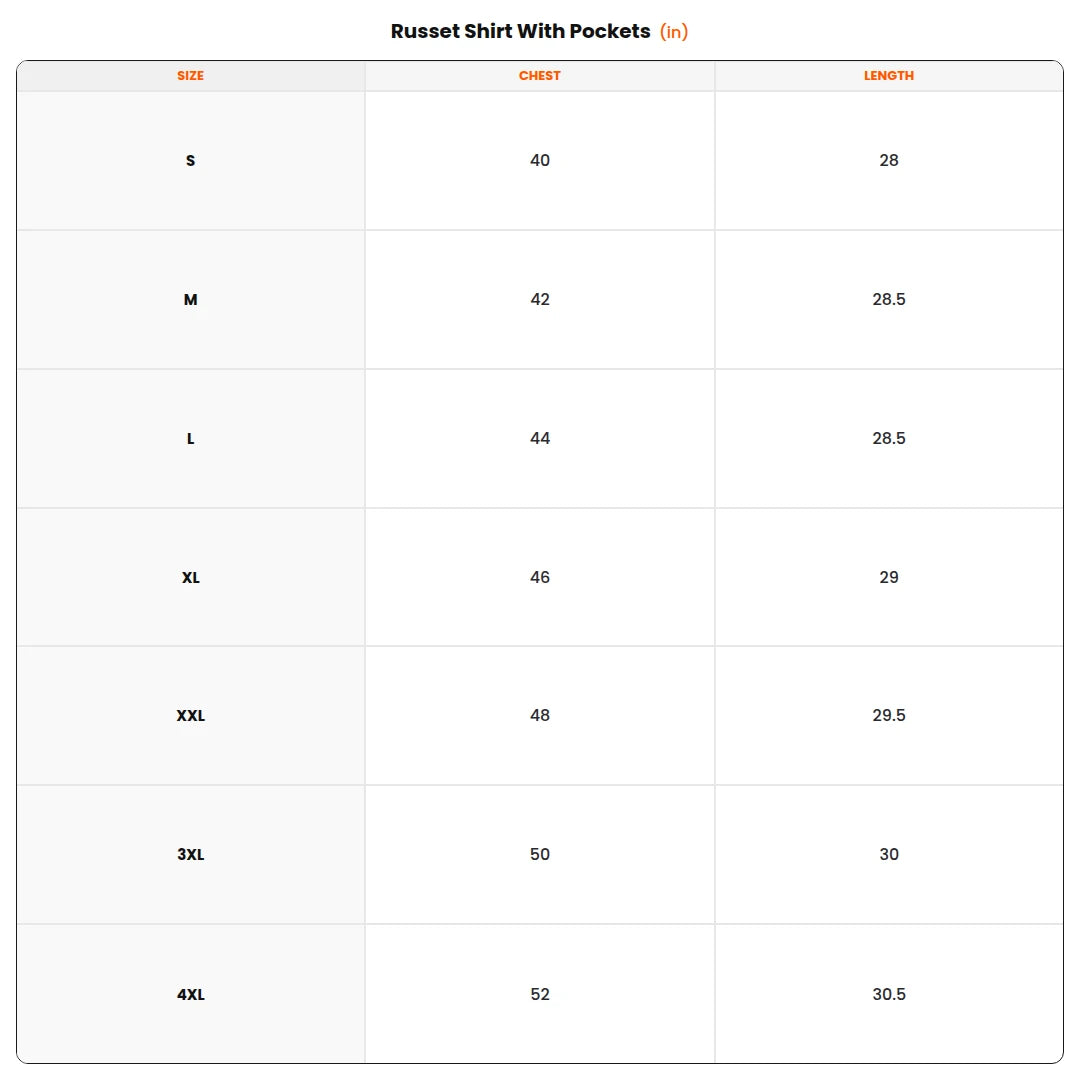 Size chart - Russet Shirt With Pockets