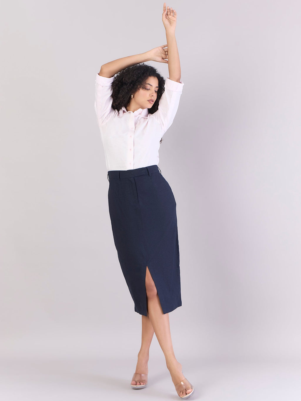 Women Navy Cotton-Linen Stretchable Skirt With Hook & Fly Closure