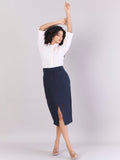 Women Navy Cotton-Linen Stretchable Skirt With Hook & Fly Closure