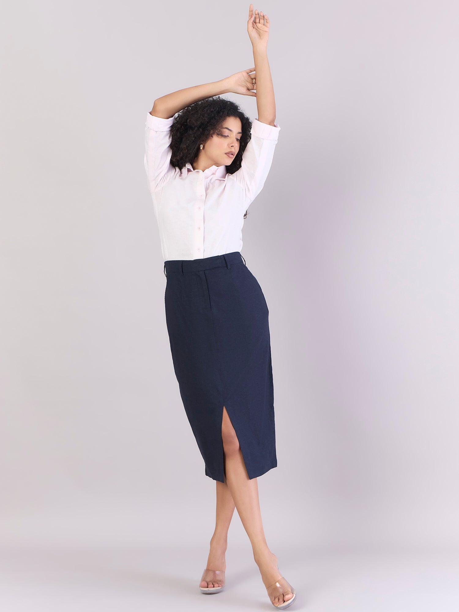 Women Navy Cotton-Linen Stretchable Skirt With Hook & Fly Closure