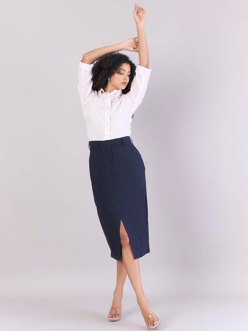 Women Navy Cotton-Linen Stretchable Skirt With Hook & Fly Closure