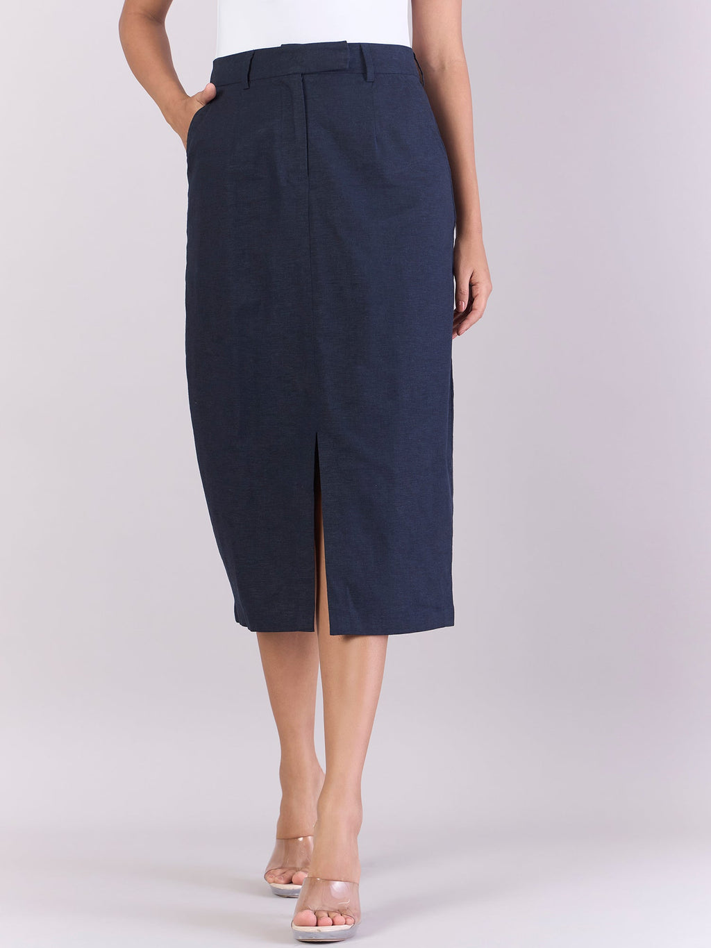 Women Navy Cotton-Linen Stretchable Skirt With Hook & Fly Closure
