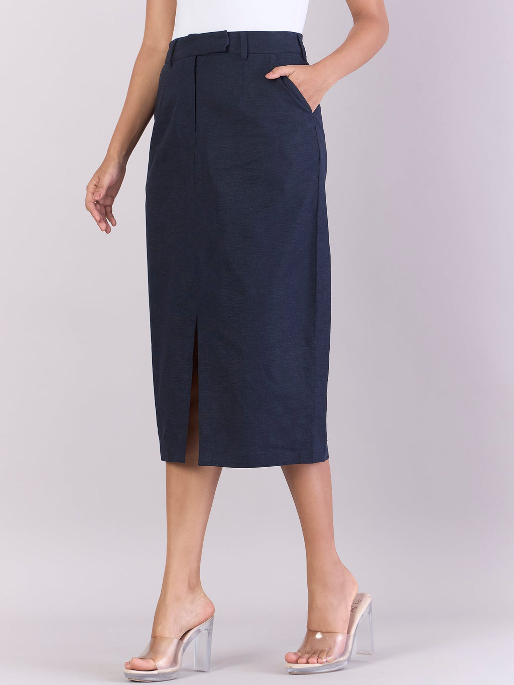 Women Navy Cotton-Linen Stretchable Skirt With Hook & Fly Closure