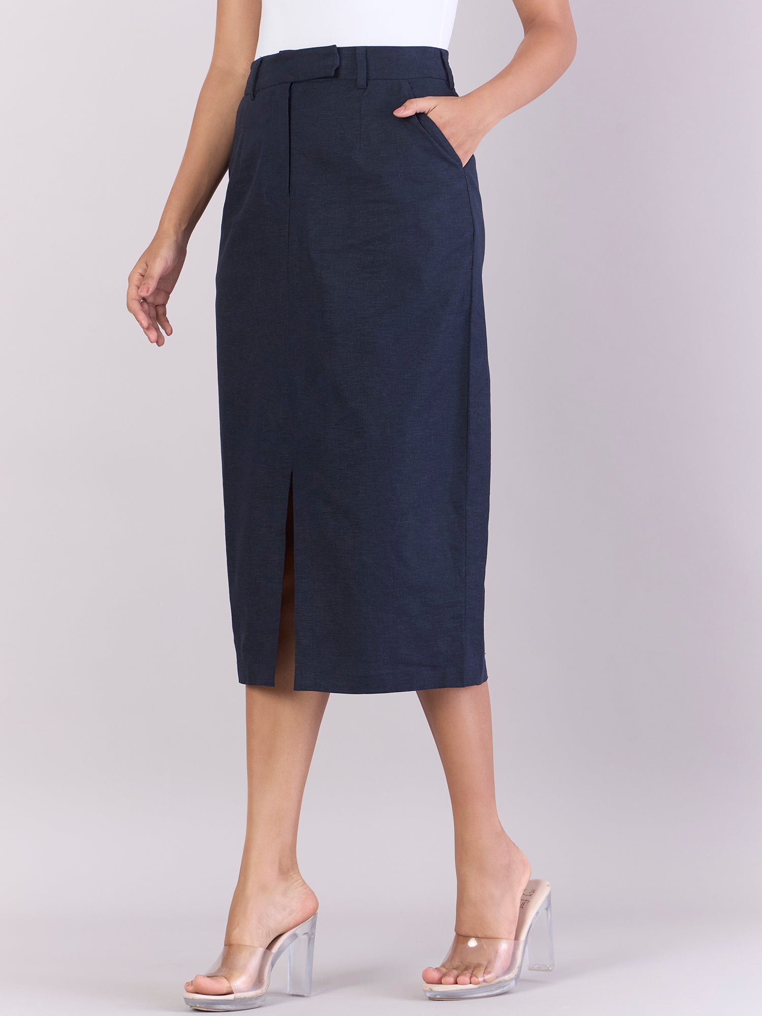 Women Navy Cotton-Linen Stretchable Skirt With Hook & Fly Closure