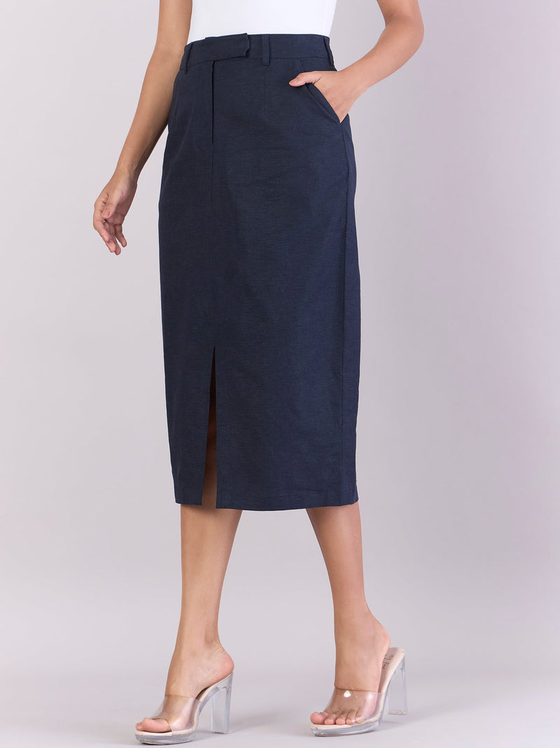 Women Navy Cotton-Linen Stretchable Skirt With Hook & Fly Closure