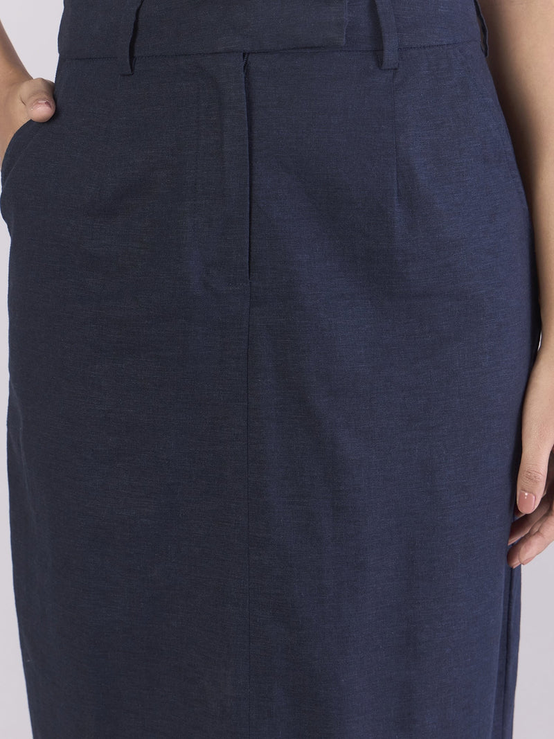 Women Navy Cotton-Linen Stretchable Skirt With Hook & Fly Closure