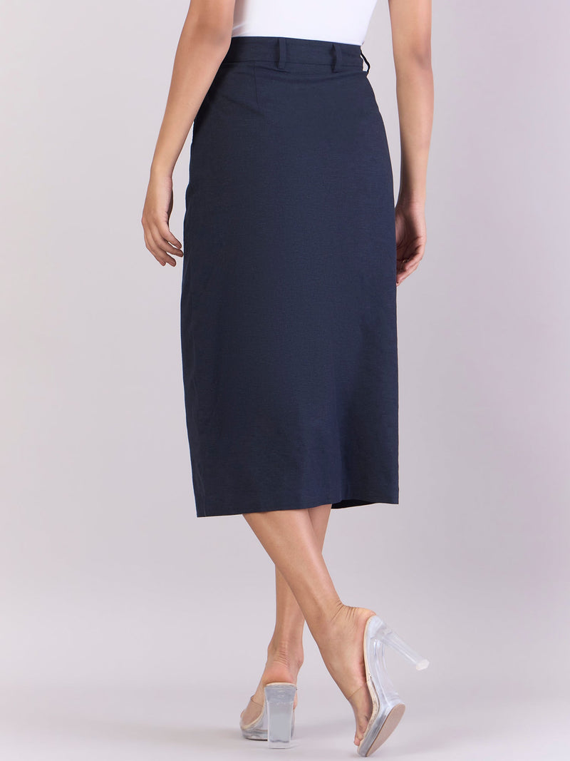 Women Navy Cotton-Linen Stretchable Skirt With Hook & Fly Closure