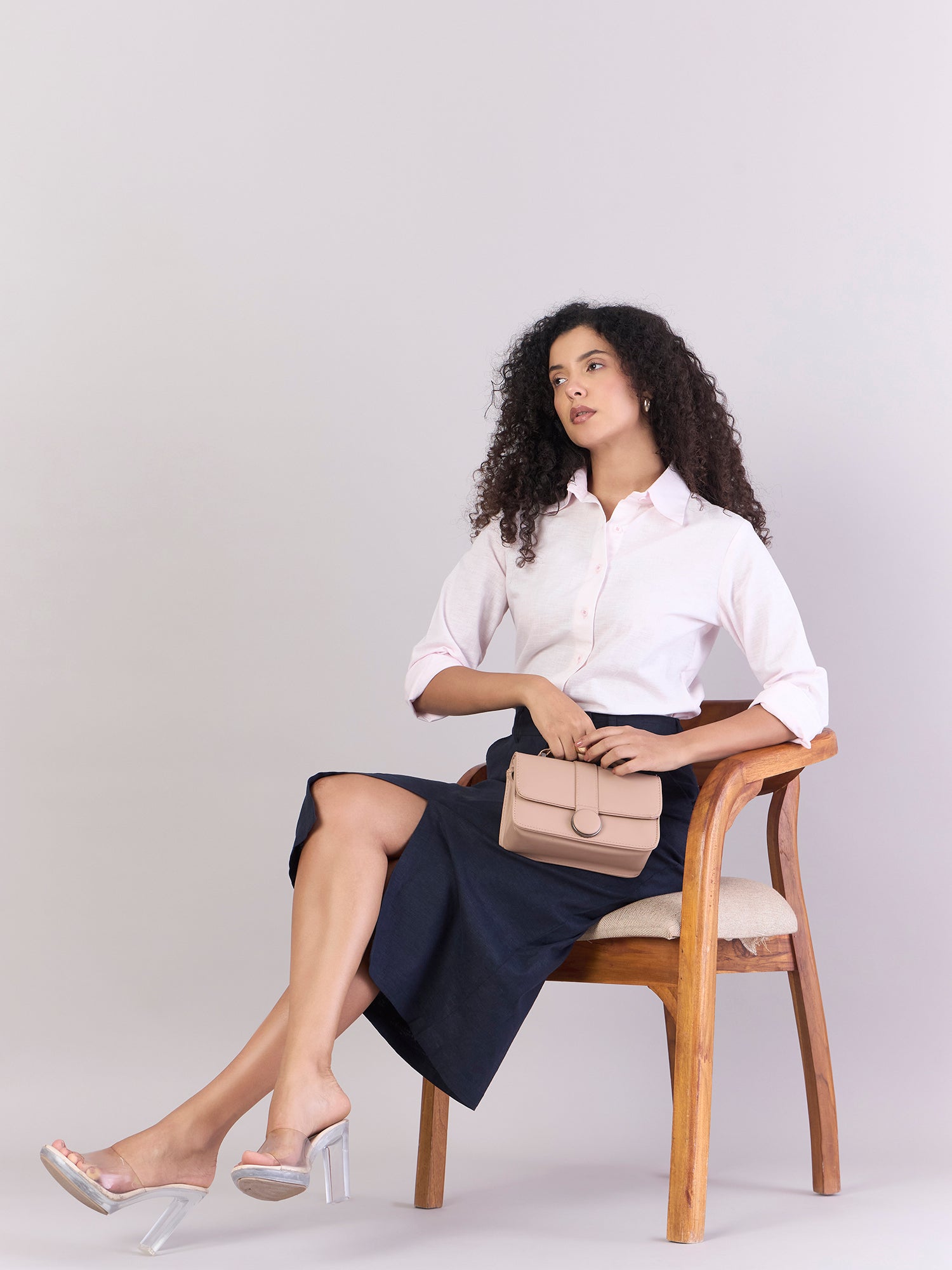 Women Navy Cotton-Linen Stretchable Skirt With Hook & Fly Closure
