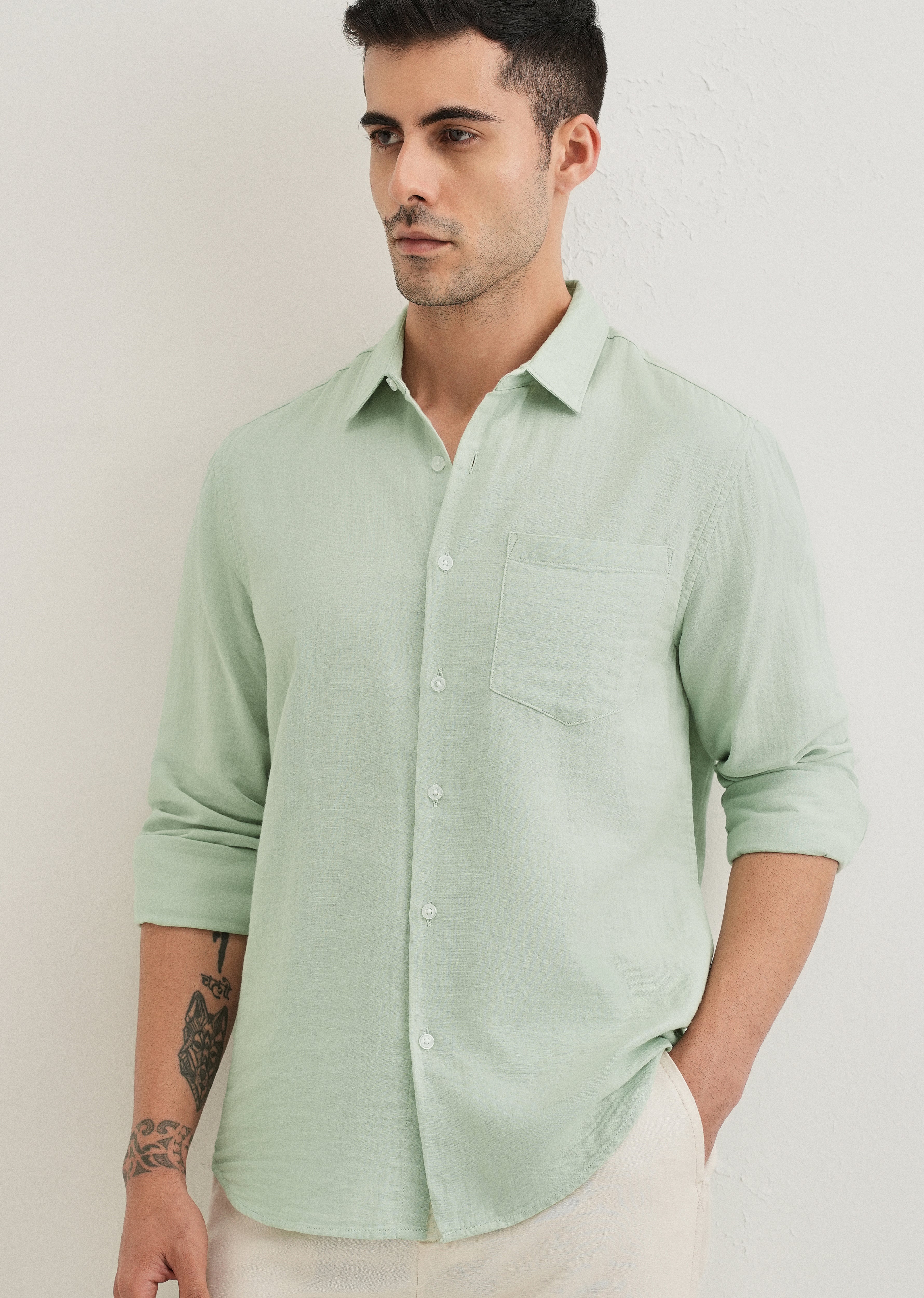 Sage Green Double Cloth Cotton Shirt