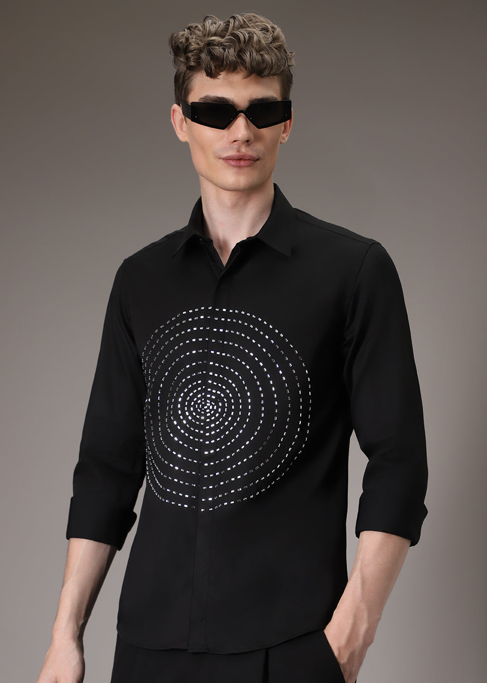 Stud Circle Eleganza Black Designer Shirt