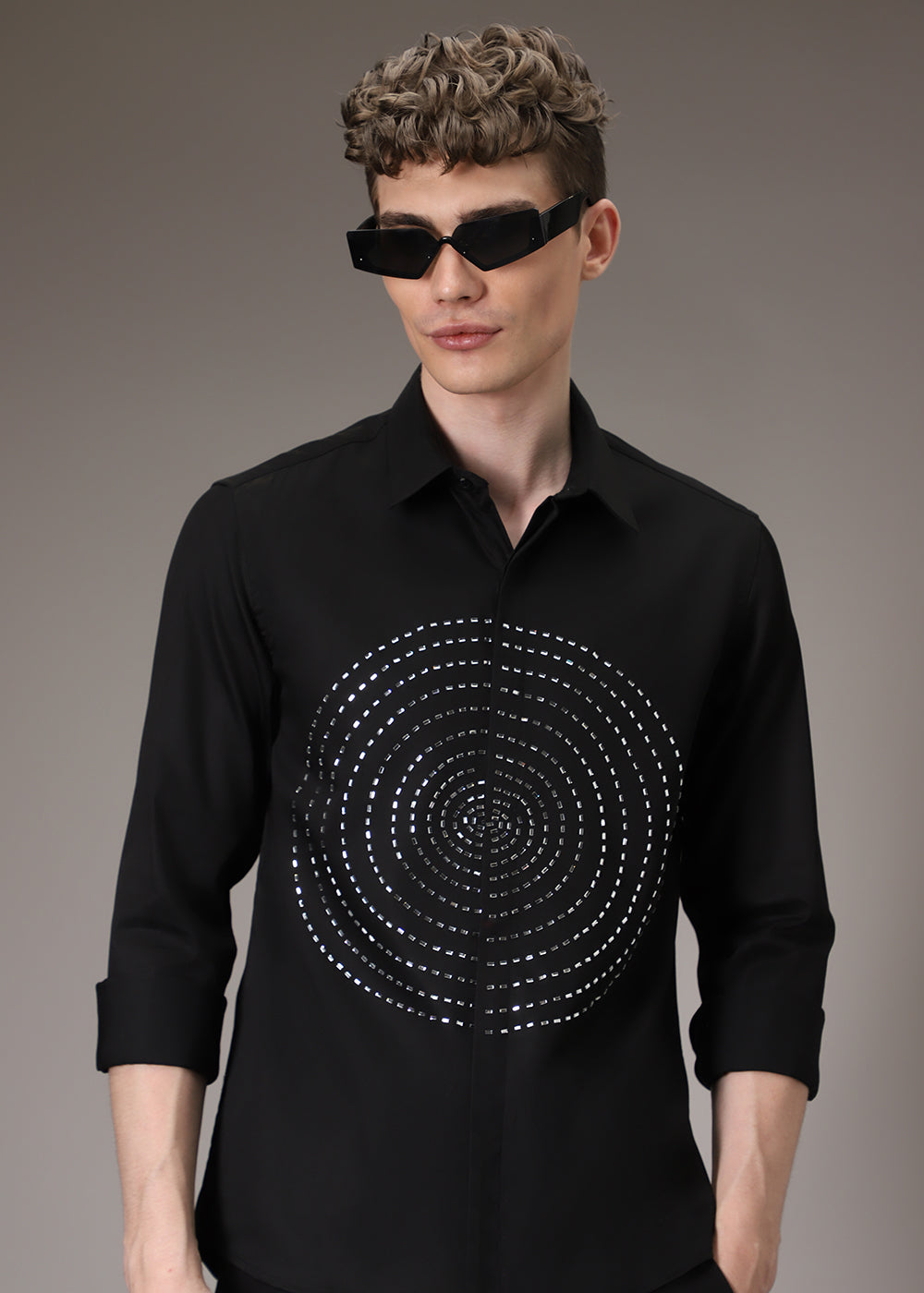 Stud Circle Eleganza Black Designer Shirt