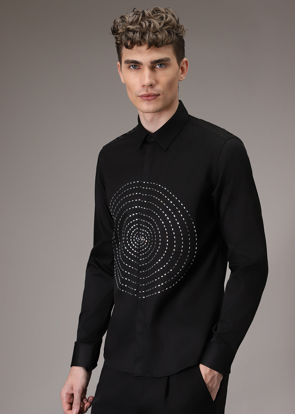 Stud Circle Eleganza Black Designer Shirt