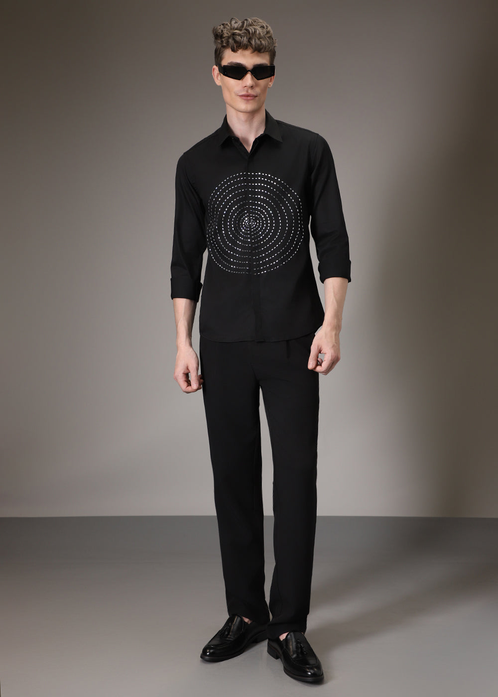 Stud Circle Eleganza Black Designer Shirt