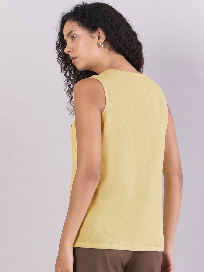 Women Yellow Soft Linen-Blend Modern Casual Top With Pleated Details