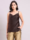 Women Chocolate Brown Cowl Neck Strappy Satin Top