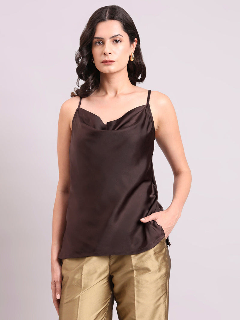 Women Chocolate Brown Cowl Neck Strappy Satin Top