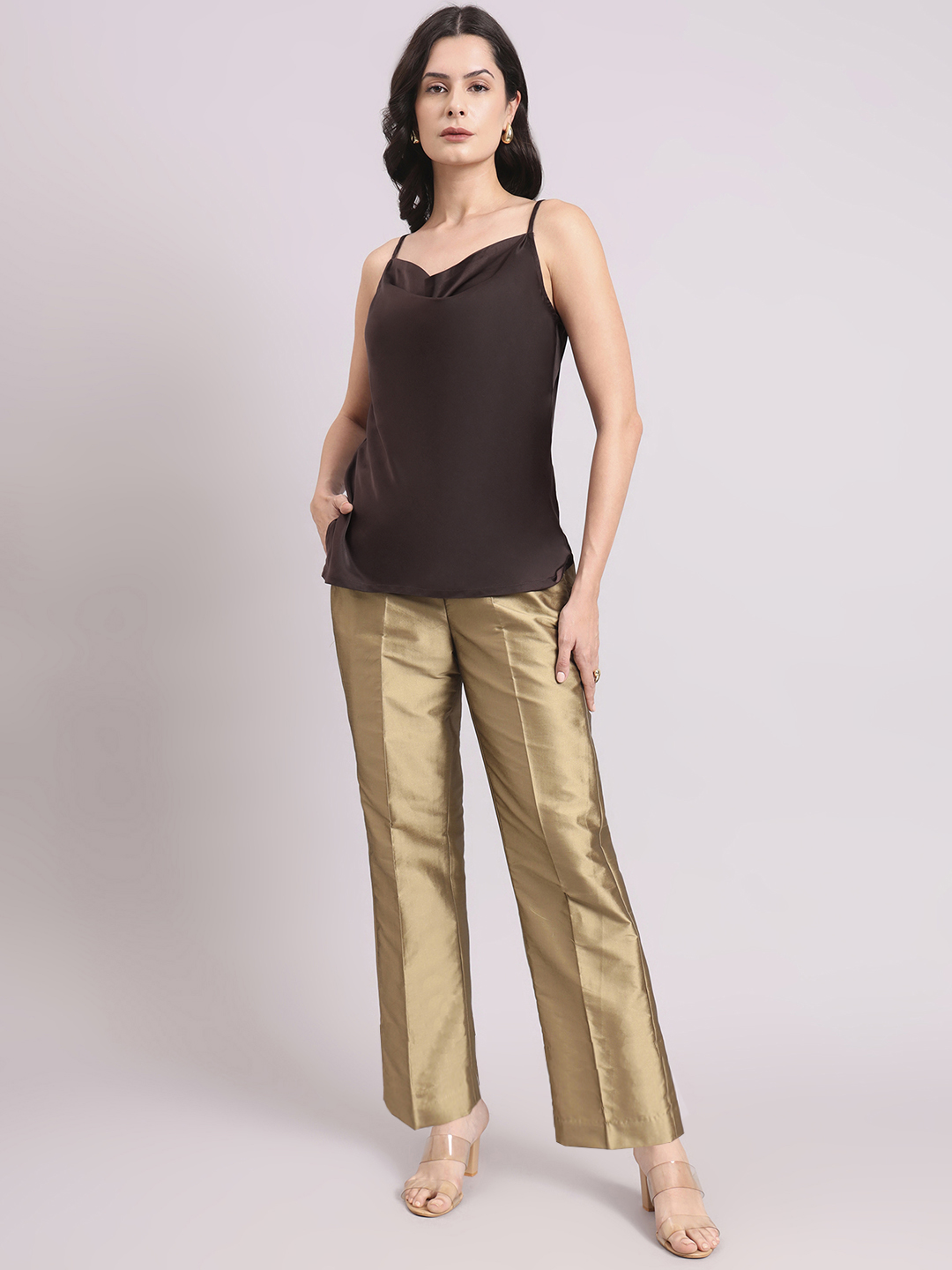 Women Chocolate Brown Cowl Neck Strappy Satin Top