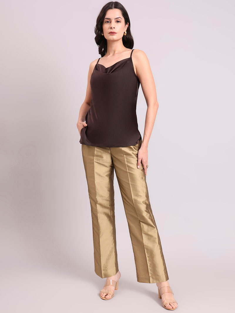 Women Chocolate Brown Cowl Neck Strappy Satin Top