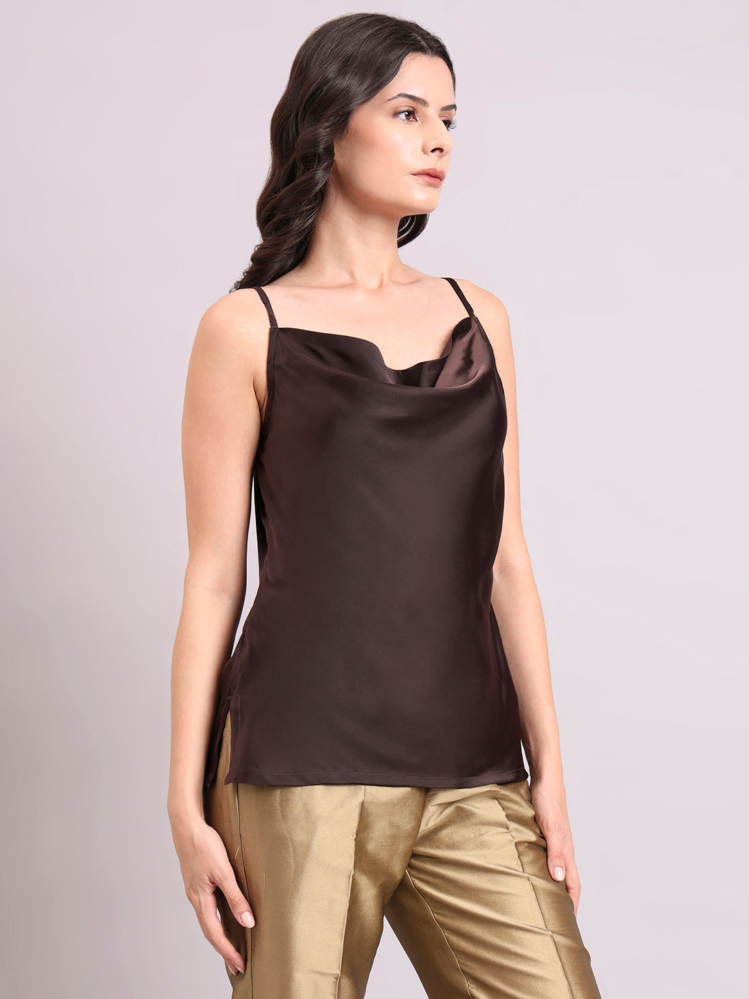 Women Chocolate Brown Cowl Neck Strappy Satin Top