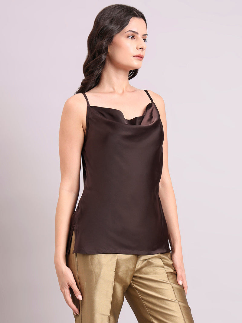 Women Chocolate Brown Cowl Neck Strappy Satin Top