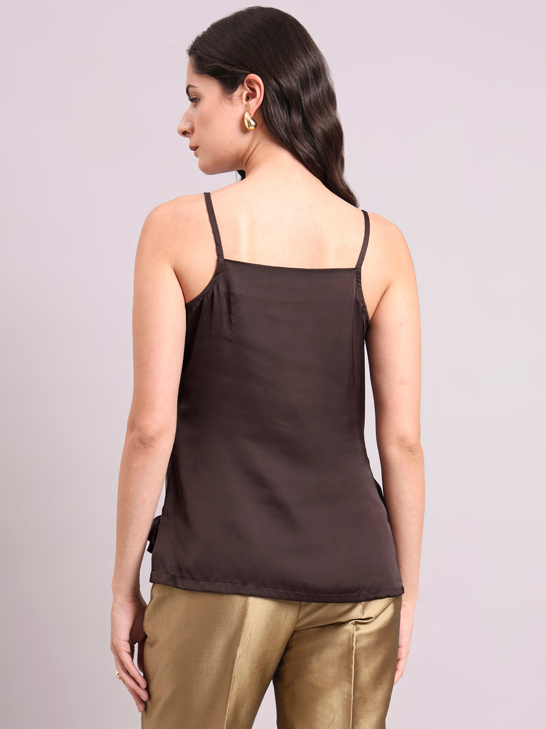 Women Chocolate Brown Cowl Neck Strappy Satin Top